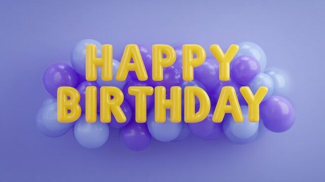 Happy birthday greeting yellow balloon letters purple balloon background celebration party festive happiness concept fun mood with playful vibe and cheerful energy for invitation and decor