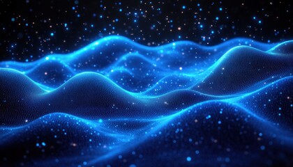 Glowing blue particle waves forming an undulating digital landscape beneath a starry field, serene futuristic and mesmerizing atmosphere
