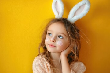 young girl wearing fuzzy bunny ears headband and peach knitted sweater against bright yellow wall, resting chin on hand with dreamy playful expression