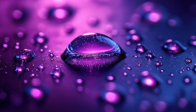 Close-up of a large water droplet and scattered smaller droplets on a glossy surface illuminated by purple and blue neon light, dreamy and magical mood - Powered by Adobe