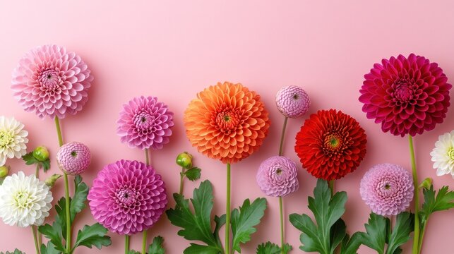 Colorful dahlia blossoms on pink