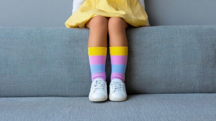 Playful child legs colorful striped socks white sneakers gray sofa yellow dress cozy living room minimalist wall casual fashion childhood moment cheerful vibe gently capture playful child legs