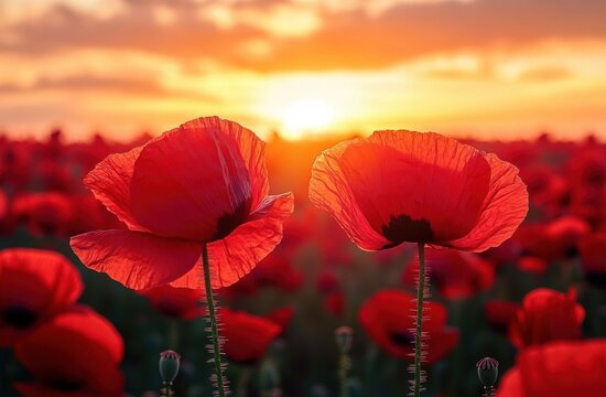 two red poppies in a sunlit field at sunset with translucent backlit petals and a warm, peaceful, romantic mood