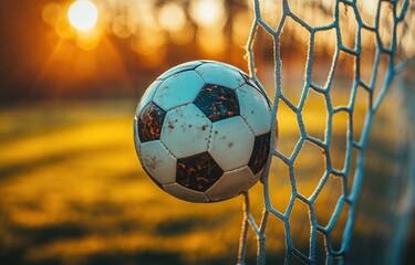 scuffed soccer ball caught in goal net at sunset on grassy field, warm golden light and sun flare evoking triumph and excitement