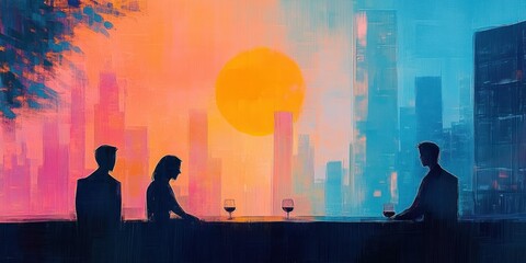 Three silhouetted figures with wine glasses on a rooftop balcony at sunset, large sun over a colorful pink and blue city skyline, quiet wistful and contemplative mood