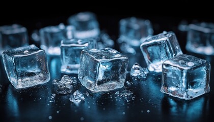 glistening ice cubes on a dark reflective surface with water droplets and melting shards conveying a crisp refreshing chill