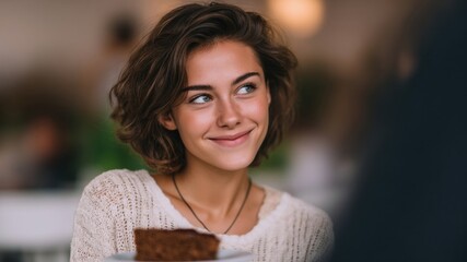 Smiling woman cafe dessert coffee cozy natural light candid brunette casual sweater. Smiling woman enjoys dessert and coffee cozy cafe warm natural light candid mood brunette hairstyle casual