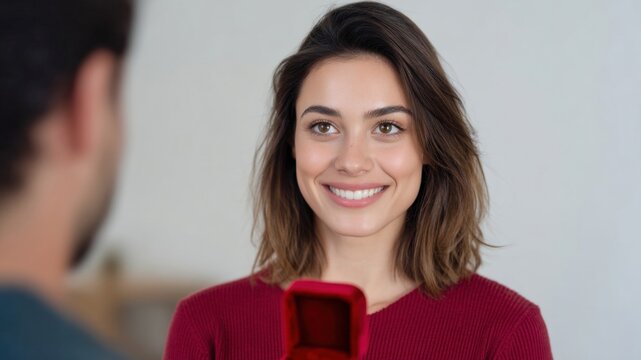 Smiling woman engagement ring proposal happiness concept joyful moment romantic surprise tender love indoor portrait soft light red sweater short hair natural beauty