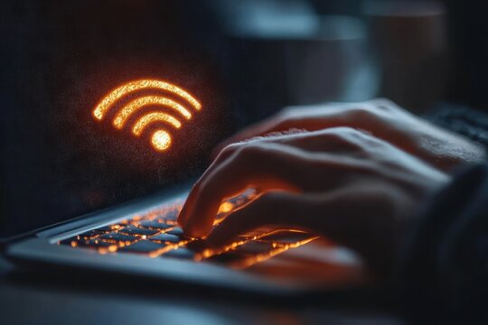 Hands typing on a warm orange backlit laptop keyboard with a glowing wireless signal icon in a dark setting, conveying focused late-night connectivity