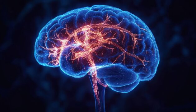 glowing human brain with illuminated neural pathways and brainstem, vibrant electric activity conveying awe and futuristic energy - Powered by Adobe