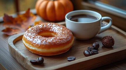 glazed sprinkled donut and cup of black coffee on a wooden tray with coffee beans, chocolate truffle, small pumpkin and autumn leaf, warm cozy fall morning