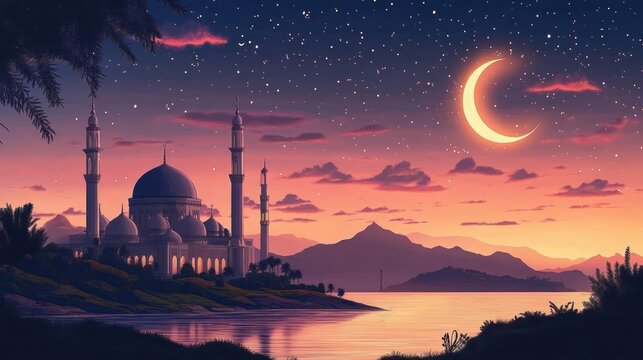 Tranquil crescent moon above a domed mosque and minarets by a calm lake at twilight with a starry sky, palm trees and distant mountains