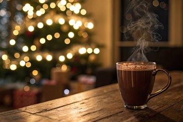 Steaming mug of hot chocolate by a festive Christmas tree with bokeh lights