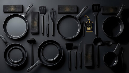 A sleek, top-down arrangement of modern, black cookware and utensils, perfect for kitchen design and culinary concepts, with a 20% off promotion.