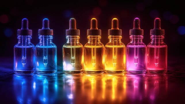 Colorful dropper bottles, vibrant hues