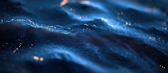 futuristic blue digital landscape of flowing contour lines and glowing golden lights, serene and mysterious