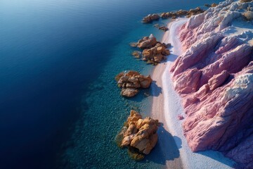 Aerial view captures a serene pink coastline meeting the turquoise sea, creating a tranquil and