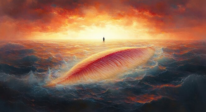 lone silhouette at a glowing horizon watches a giant luminous shell floating in a tumultuous ocean under a fiery sunset, evoking awe and solitude