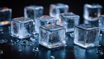 Close-up of clear melting ice cubes with scattered water droplets on a dark reflective surface, cool and refreshing mood