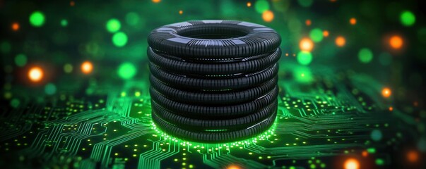 stack of black toroidal cores on an illuminated green circuit board with glowing traces and floating light particles, futuristic and mysterious