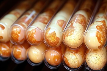 close-up of speckled eggs lined in clear cylindrical tubes in neat rows, warm glossy reflections and an orderly, curious, slightly clinical mood