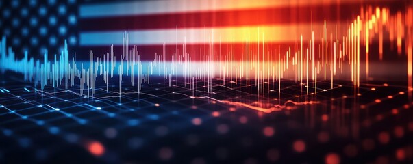 Glowing digital waveform and 3D data grid over a blurred national flag in blue and orange, emitting a dynamic urgent futuristic technological pulse