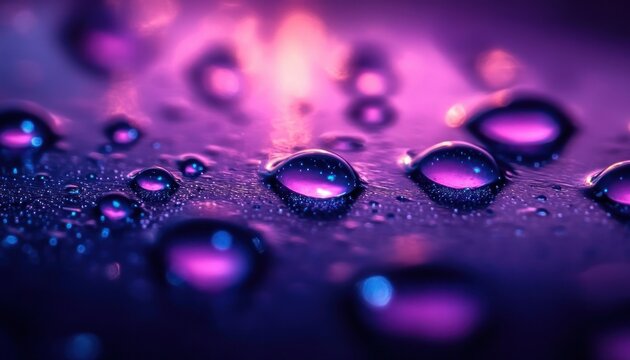 Close-up of glistening water droplets on a smooth surface lit by purple and blue neon light, dreamy and luminous atmosphere