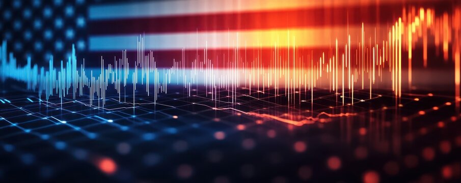 Glowing digital waveform and 3D data grid over a blurred national flag in blue and orange, emitting a dynamic urgent futuristic technological pulse