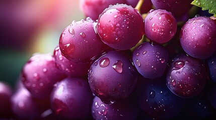 Close-up of dewy purple grape cluster on the vine with water droplets, glossy ripe fruit conveying fresh juicy sweetness