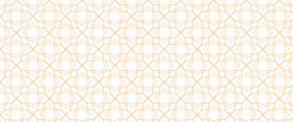 Seamless geometric pattern with green and orange line art forming star shapes on a clean white background. eps10.