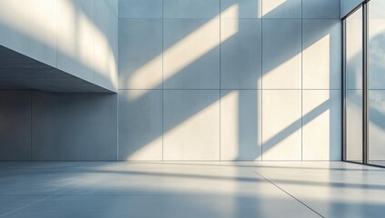 Fototapeta premium Empty modern interior with large tiled wall, polished floor and dramatic diagonal sunlight shadows through tall glass windows, minimal serene and calming atmosphere