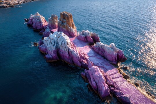 Striking aerial view captures uniquely colored coastal rock formations meeting deep blue ocean - Powered by Adobe