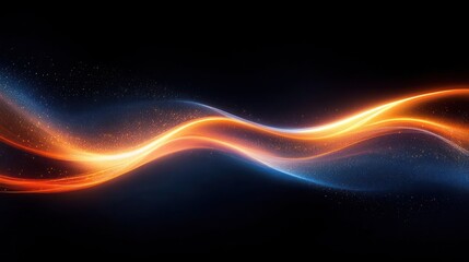 Two intertwining glowing light ribbons in orange and blue with sparkling particles on a dark background conveying dynamic futuristic energy and elegant movement