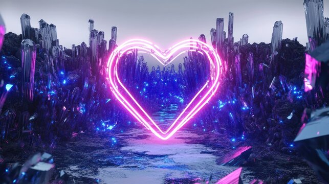 Floating neon pink heart glowing over a crystalline alien landscape of jagged blue and purple crystals, reflective wet ground and scattered sparkles, evoking a surreal romantic futuristic mood