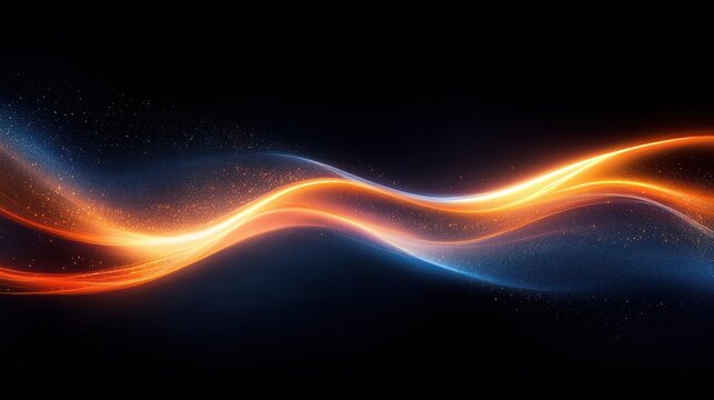 Two intertwining glowing light ribbons in orange and blue with sparkling particles on a dark background conveying dynamic futuristic energy and elegant movement