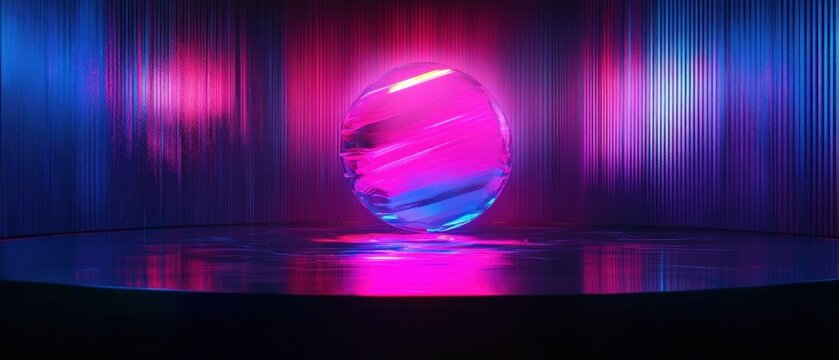 Floating translucent neon sphere above reflective stage in a ribbed metallic room, vibrant pink and blue glow, futuristic mesmerizing and moody atmosphere