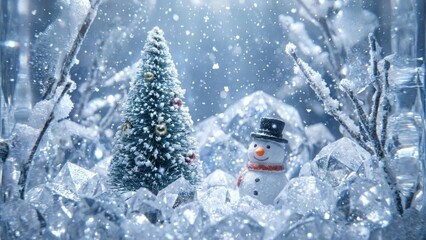 A miniature Christmas tree and snowman surrounded by sparkling ice crystals in a snowy winter wonderland scene.