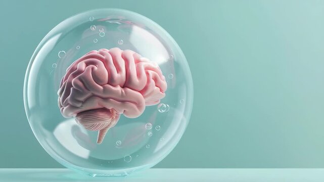 Human brain inside glass sphere on teal background