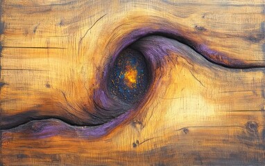 golden wooden plank with a swirling purple knot hole revealing a glowing cosmic galaxy, evoking mystery and wonder