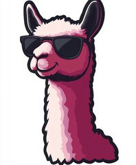 Naklejka premium stylized pink and white llama head wearing dark sunglasses, smirking confidently with a long fluffy neck and playful cool attitude