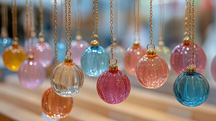 Colorful glass ornaments hang from gold chains