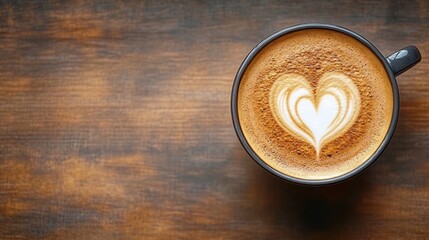 overhead view of a coffee cup with heart latte art on a wooden table, warm cozy inviting scene