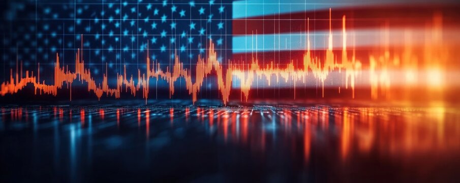 American flag backdrop with glowing orange waveform and digital grid reflected on a glossy surface, conveying dynamic tension and urgent energy - Powered by Adobe