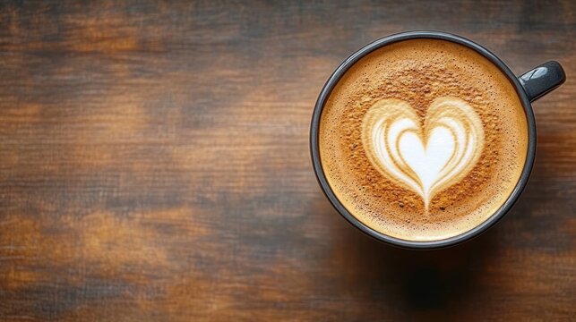 overhead view of a coffee cup with heart latte art on a wooden table, warm cozy inviting scene - Powered by Adobe