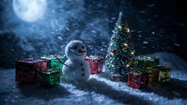 A charming miniature snowman and Christmas tree surrounded by colorful gifts under a bright full moon in a magical snowy winter night.