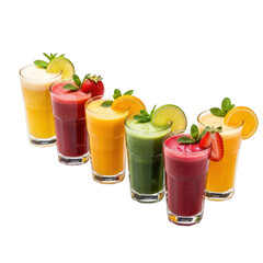 Fototapeta premium Variety of Colorful Fresh Fruit Juice Isolated Smoothie Beverage Drink Vitamin Refreshment Vegan Vegetarian Diet Healthy Nutrition