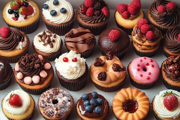 assortment of decorated cupcakes and mini pastries topped with chocolate swirls, buttercream, whipped cream, strawberries, raspberries, blueberries, glaze and powdered sugar, tempting and festive