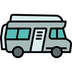 Simple Stylized Icon of a Light Gray Recreational Vehicle RV Camper Van with Teal Windows and Dark Gray Wheels on a Transparent Background