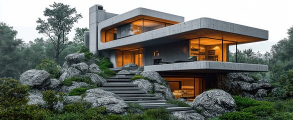 Two-story concrete modern house with cantilevered terraces, floor-to-ceiling glass and warm interior glow, stone steps and large boulders nestled in lush forest, serene cozy atmosphere