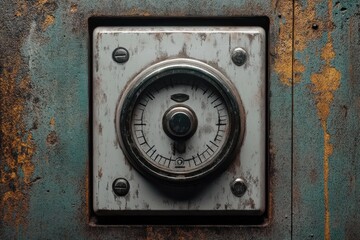 Close-up of a rusted circular gauge mounted on a weathered square metal plate with peeling teal and orange paint, corroded screws and a worn central knob, evoking industrial decay